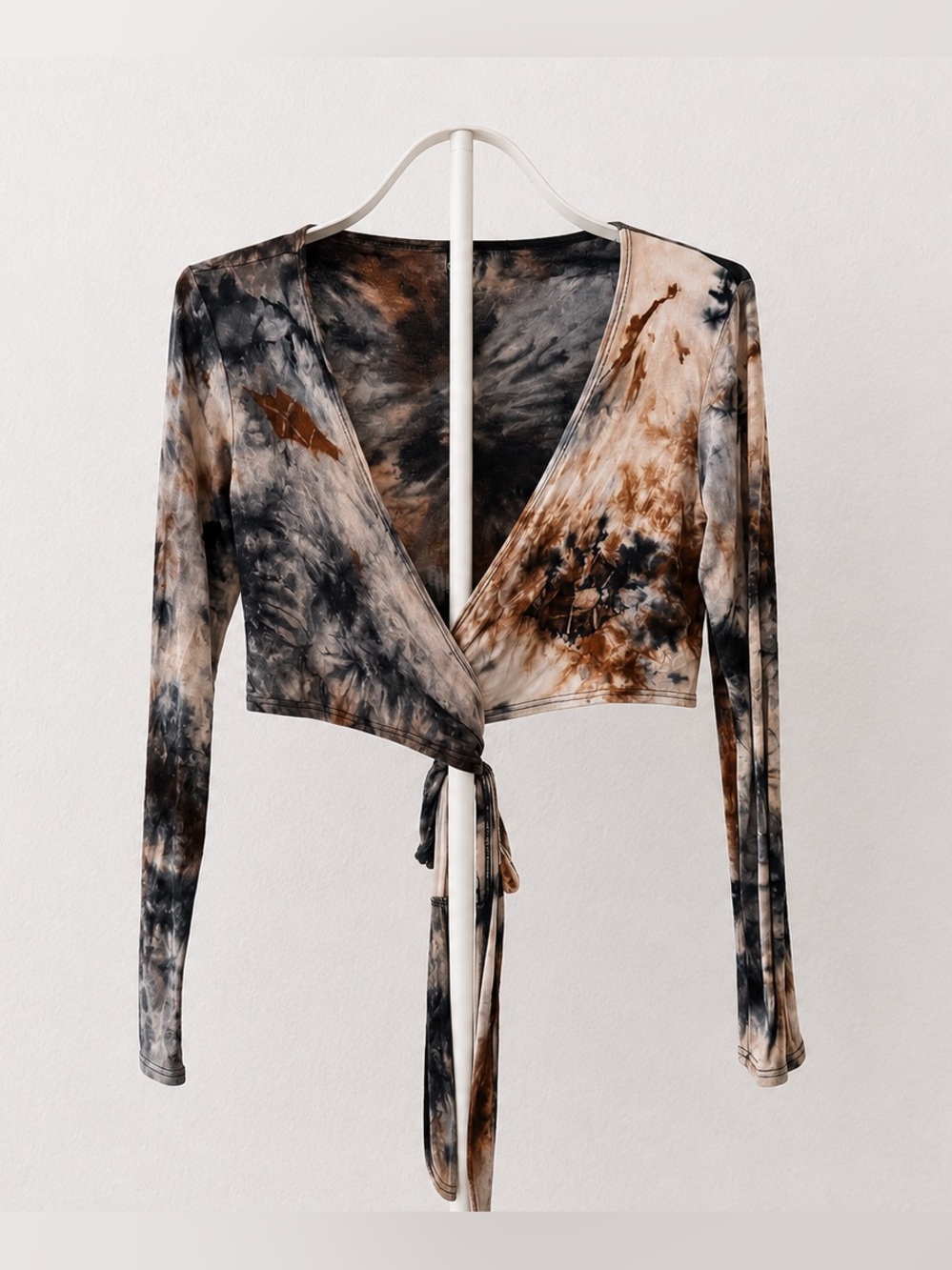 Windsor Brown & Black Tie-Dye Wrap Tie-Front Long Sleeve Top